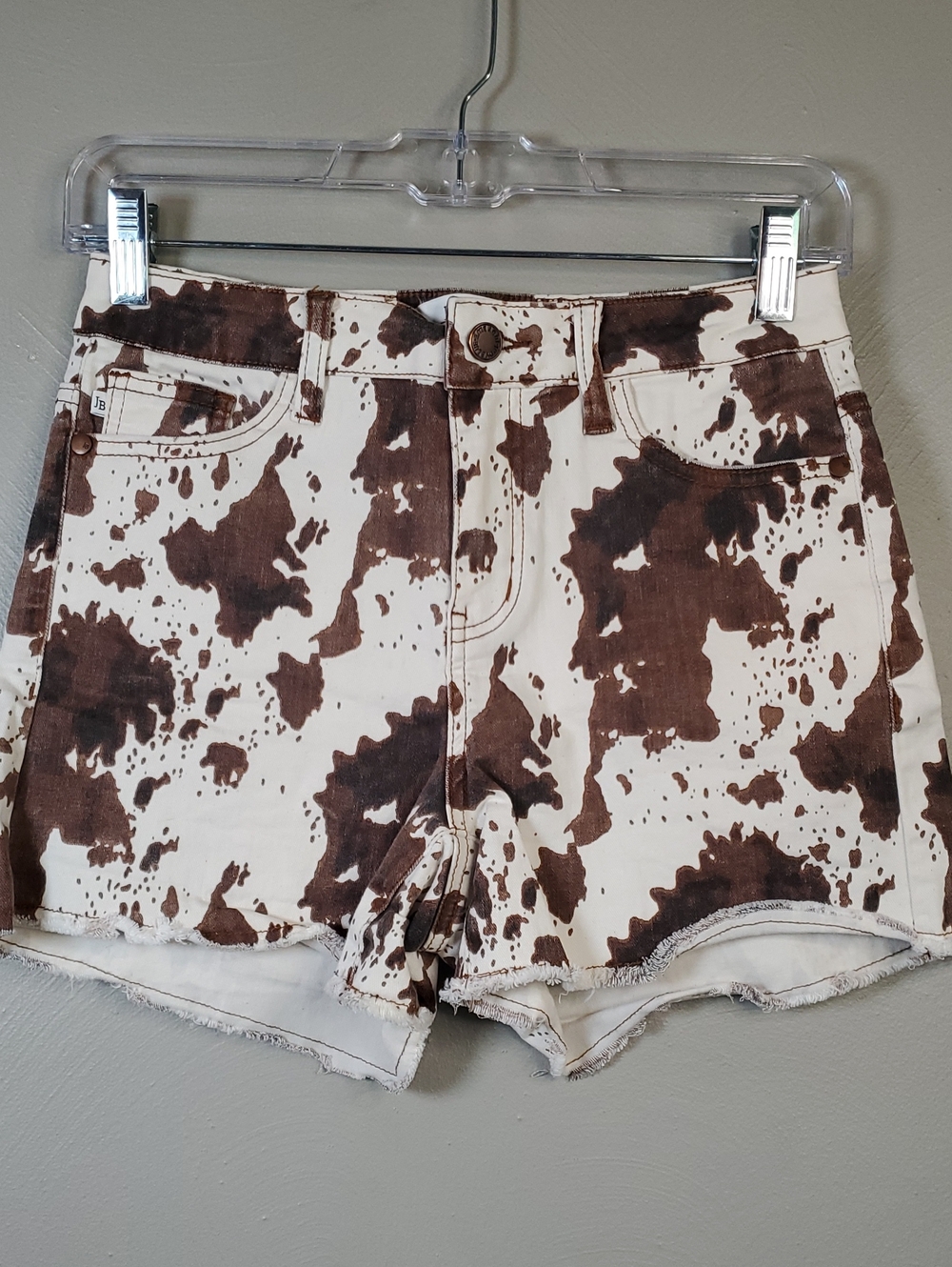Judy Blue Cow Print High-Rise Denim, Raw Hem Shorts - Brown/White. Small